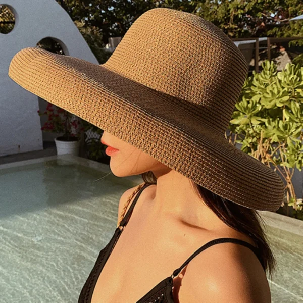 HT2303 Elegant Wide Brim Panama Hat • Minimalist Round Top Straw Hat • Luxury Floppy Summer Beach Hat for Women - Image 2
