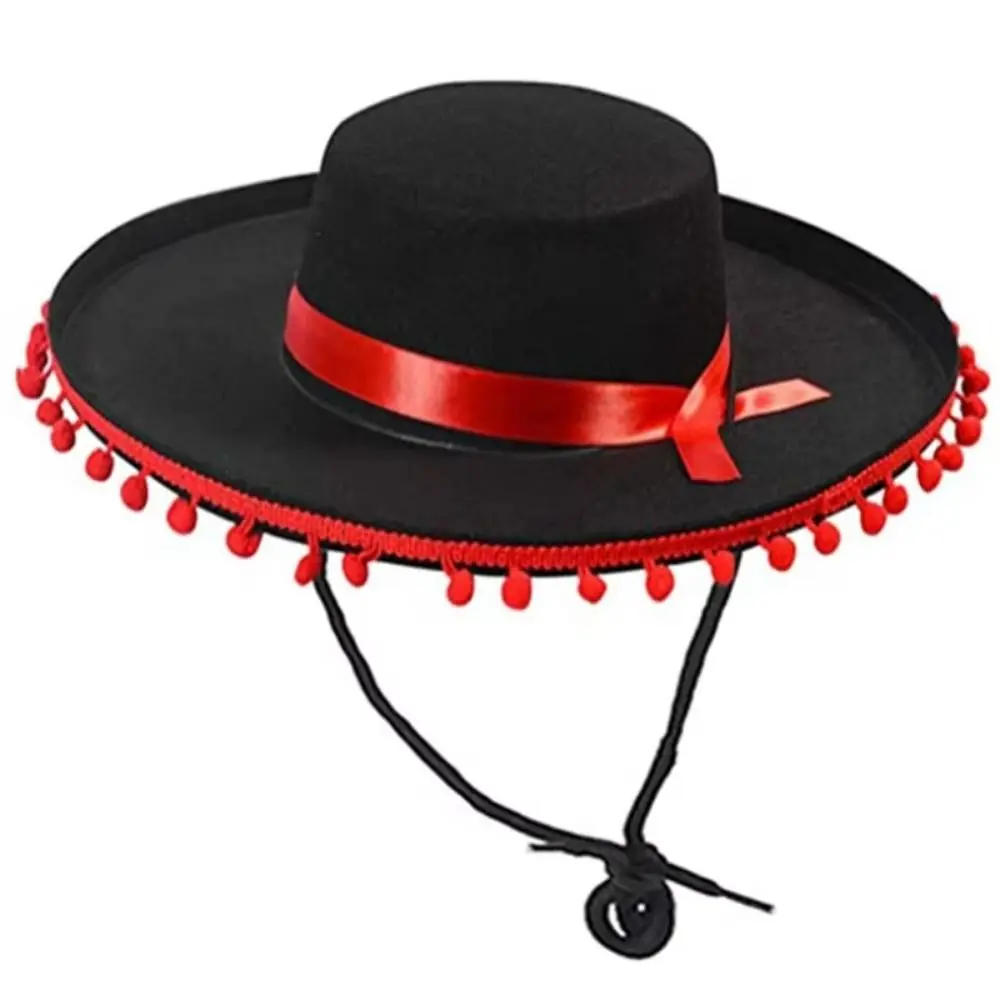 kf-S01918348c38245738325d1791dff6108F Fuzz Ball Mexican Sombrero Hats Stage Performance Dance Spanish Mexican Hat Costumes Dress Up Wide Brim Spanish-style Hat - Image 1