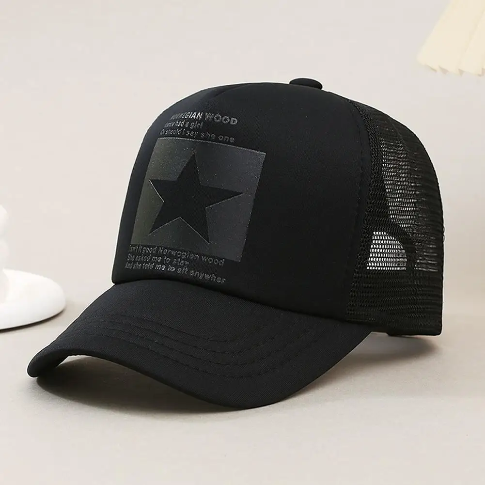 kf-S578ae51a388e4eea887efe851a60a87bx Unisex Summer Mesh Baseball Cap, Fashion Star Printed Adjustable Baseball Hat Snap Back Trucker Hat Ponytail Cap Outdoor Sports - Image 1