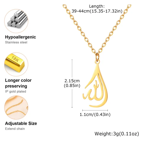 Allah Pendant Necklace for Women, 18k Gold Plated Stainless Steel Islamic Muslim Pendant Jewelry - Image 3
