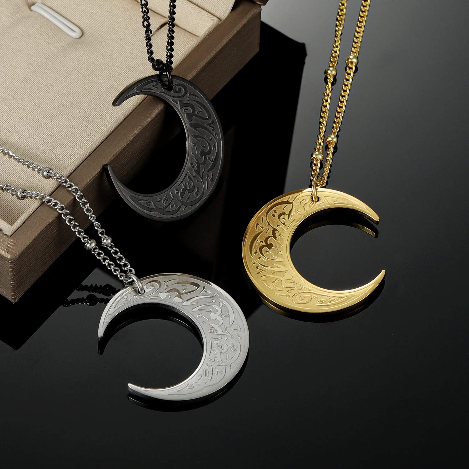 kf-Sb943fb7885674834bad22129329fd608m Arabic Calligraphy Crescent Necklace • 18K Gold Plated Inshirah Pendant • Muslim Spiritual Jewelry Gift - Image 1